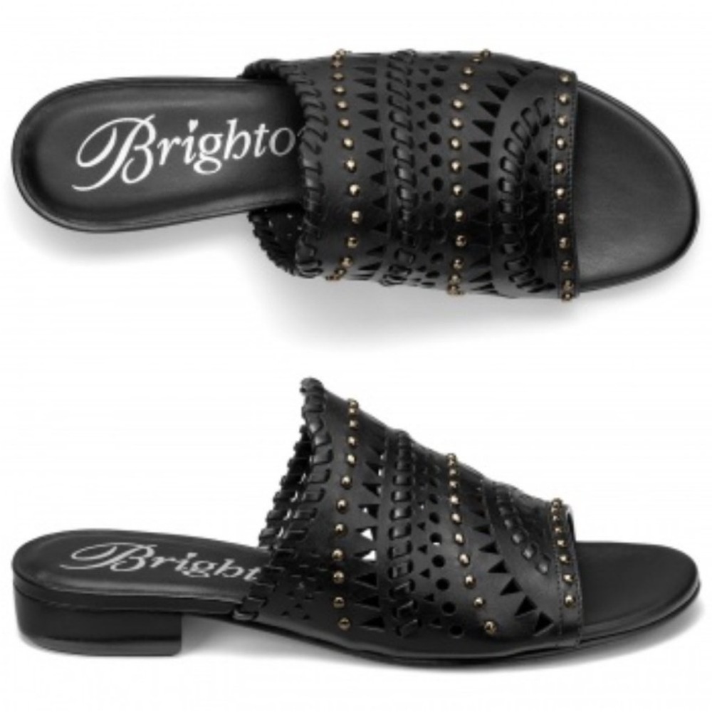 Brighton Neo Mules Sandals Laser Cut Studded Size 7.5 Black Leather
